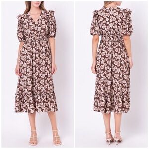 English Factory Women’s Medium Floral Short Puff Sleeve Brown & Cream Midi Dress